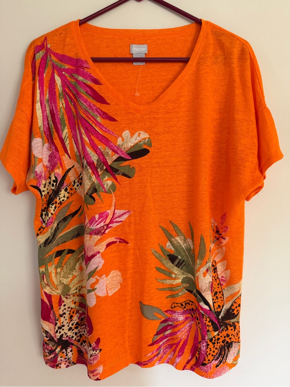 NWOT Chico's Linen Tropical Flower Print Orange V-Neck Top M Medium